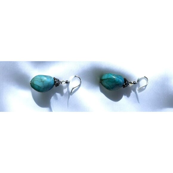 Turquoise Style Drop Earrings With Silver Accents Handcrafted Vintage Design - Picture 4 of 7